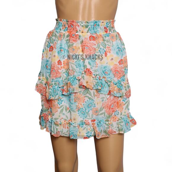 1. State Floral Chiffon Mini Skirt Ruffle Pull On High Waist Lined Size L - Picture 3 of 11